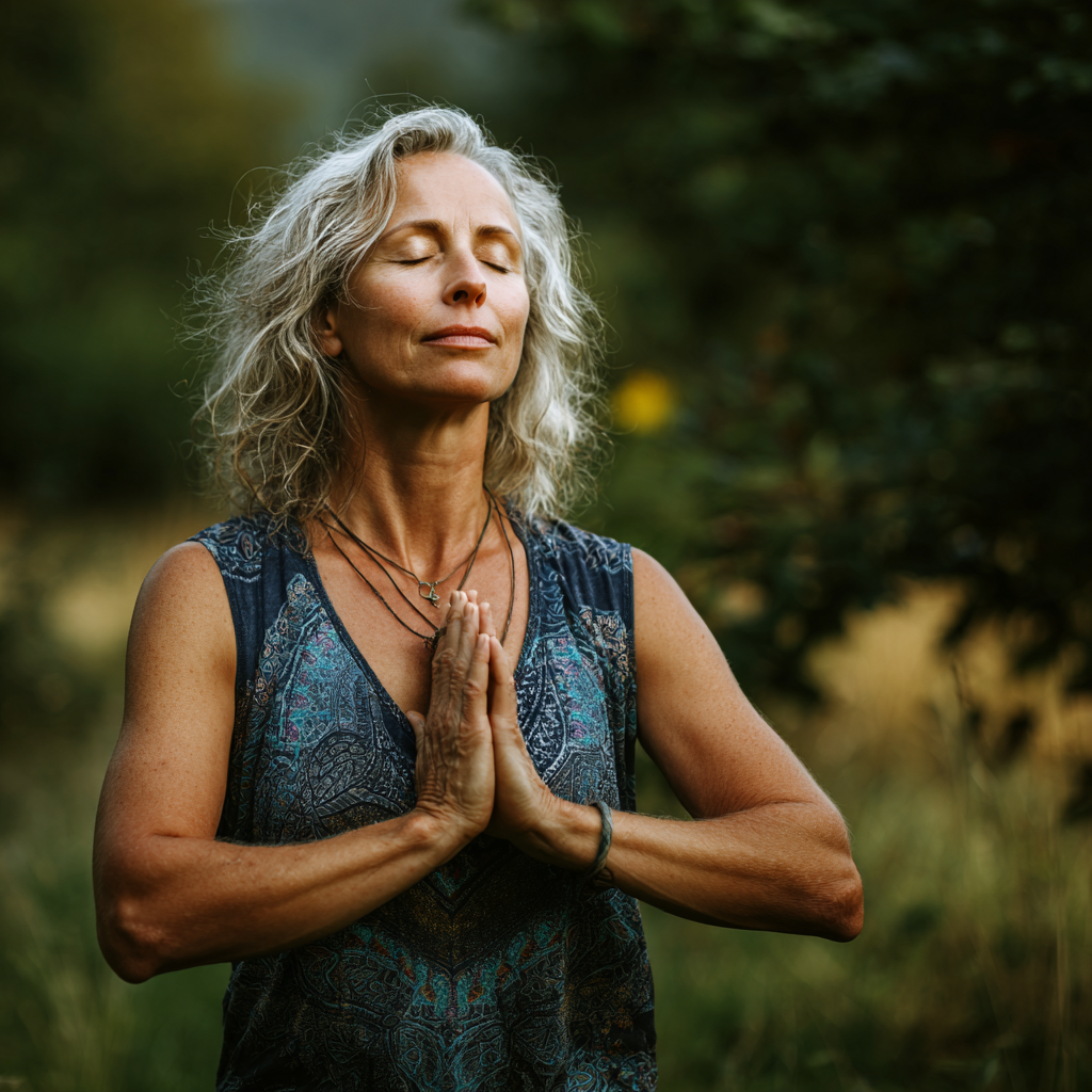 Peaceful middle-aged Ukrainian woman practicing yoga in warrior pose with serene expression