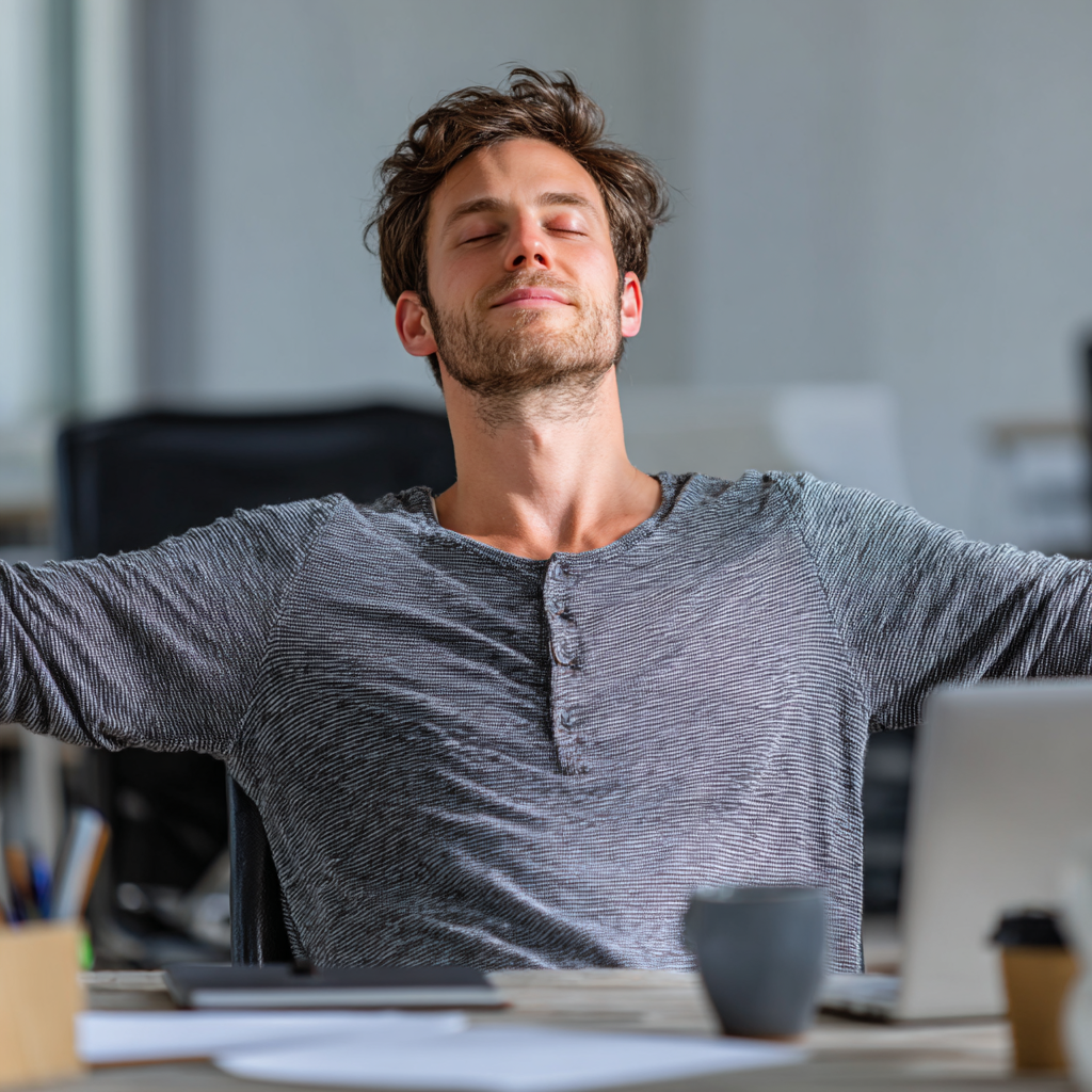 Professional Ukrainian man in his 30s doing desk yoga stretch with relaxed shoulders and peaceful expression